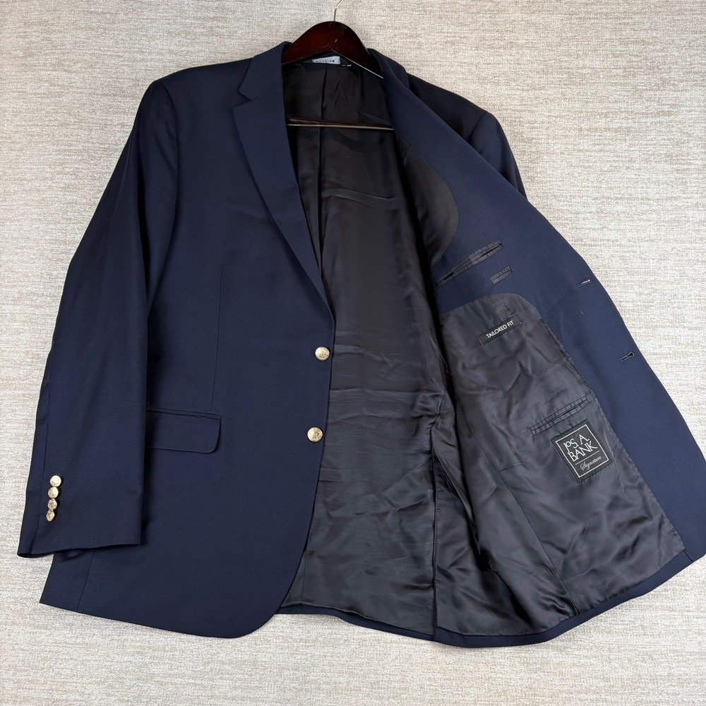 Jos. A. Bank Signature Navy Blue Wool Blazer Mens 46 L Tailored Fit Gold Buttons